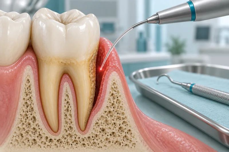 Conceptual cutaway of a natural molar and gum pocket with a dental laser fibre and a separate cleaning instrument.