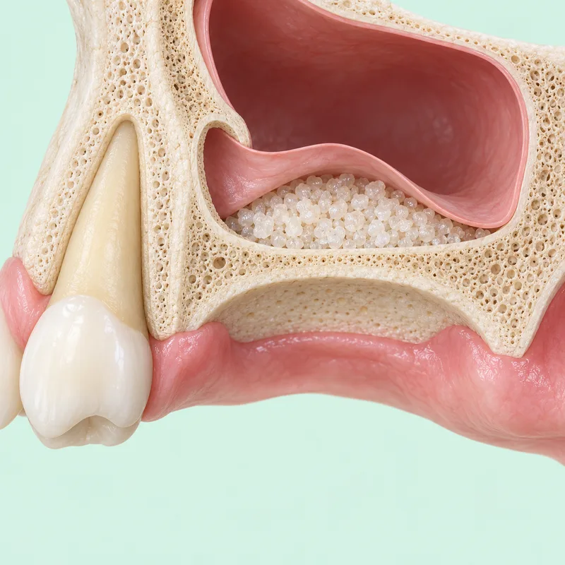 Educational illustration of graft material beneath an elevated sinus lining accessed through a lateral jawbone window