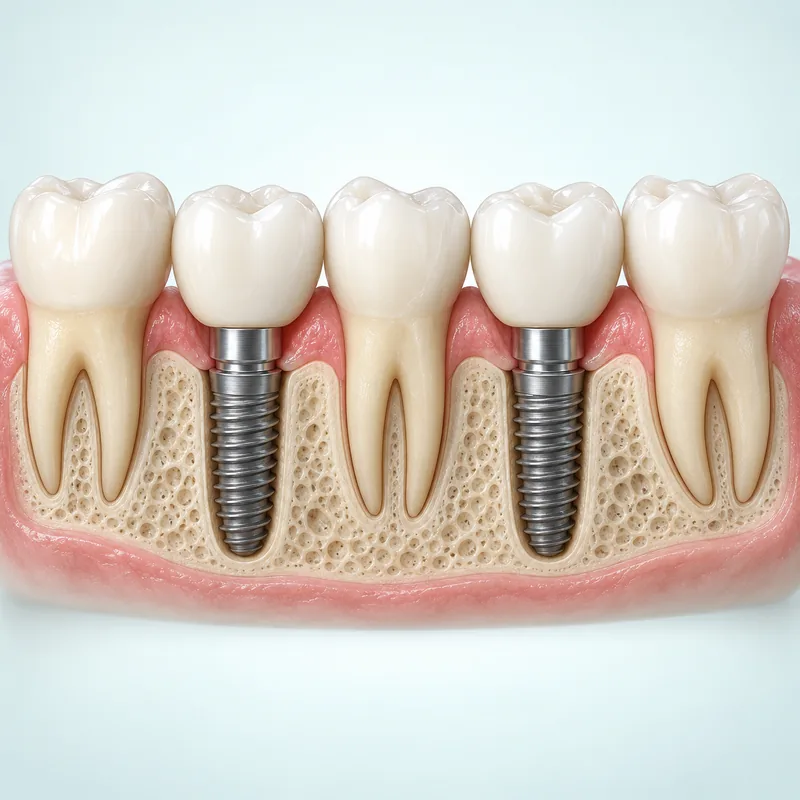 Two separate implant-supported crowns with a natural rooted tooth between them