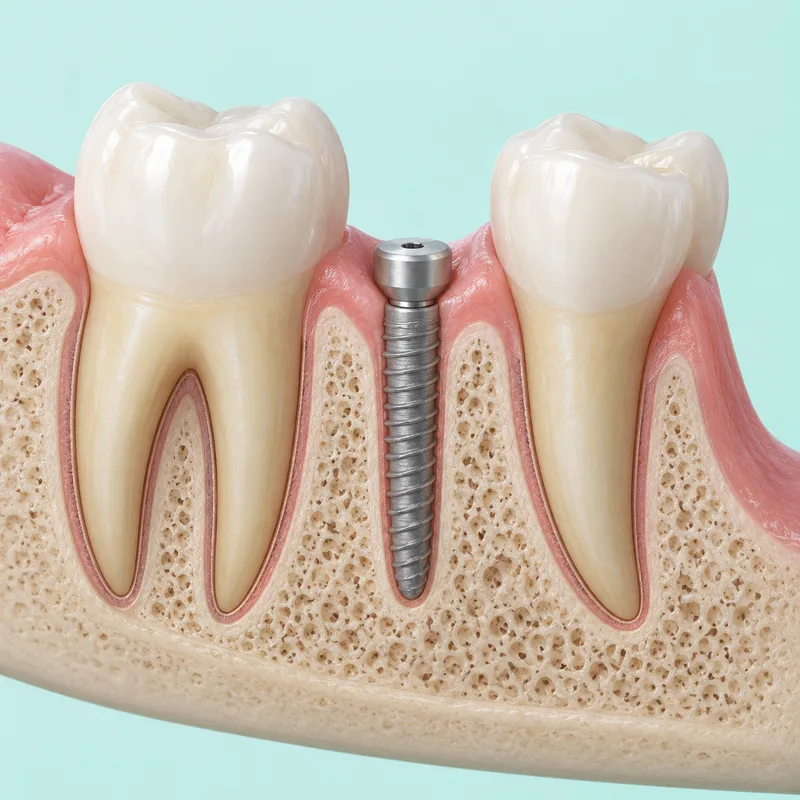 Educational illustration of a slender implant in a narrow space between natural rooted teeth