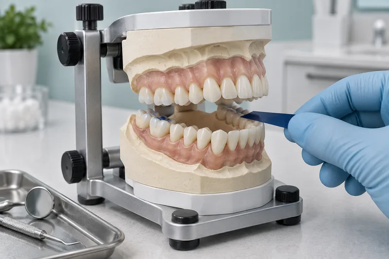 Conceptual illustration of natural-tooth models in an articulator with paper used to assess bite contacts.