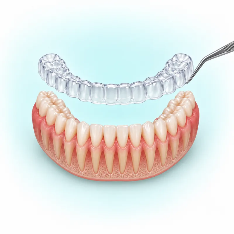Illustration of a transparent full-coverage occlusal splint above a natural dental arch