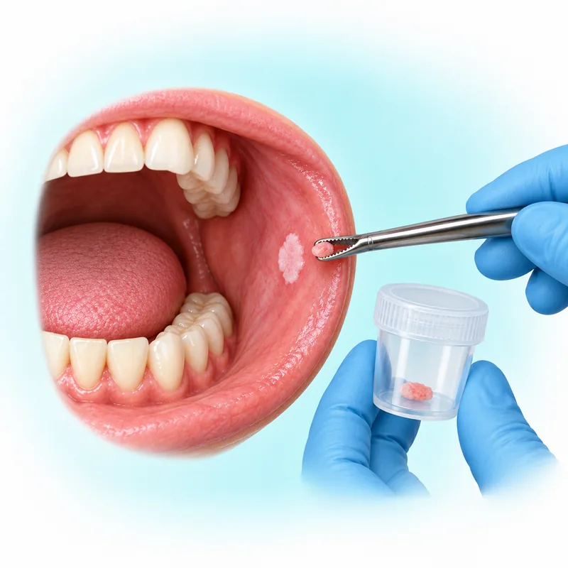 Illustration of a small oral tissue sample and specimen container