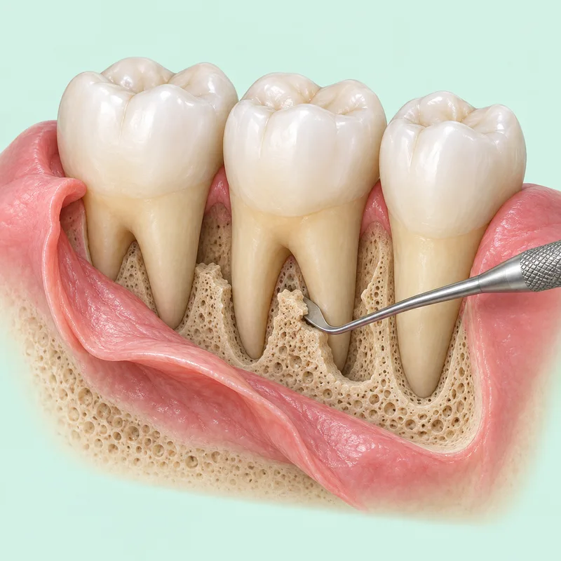 Educational cutaway illustrating periodontal bone reshaping beside retained natural teeth