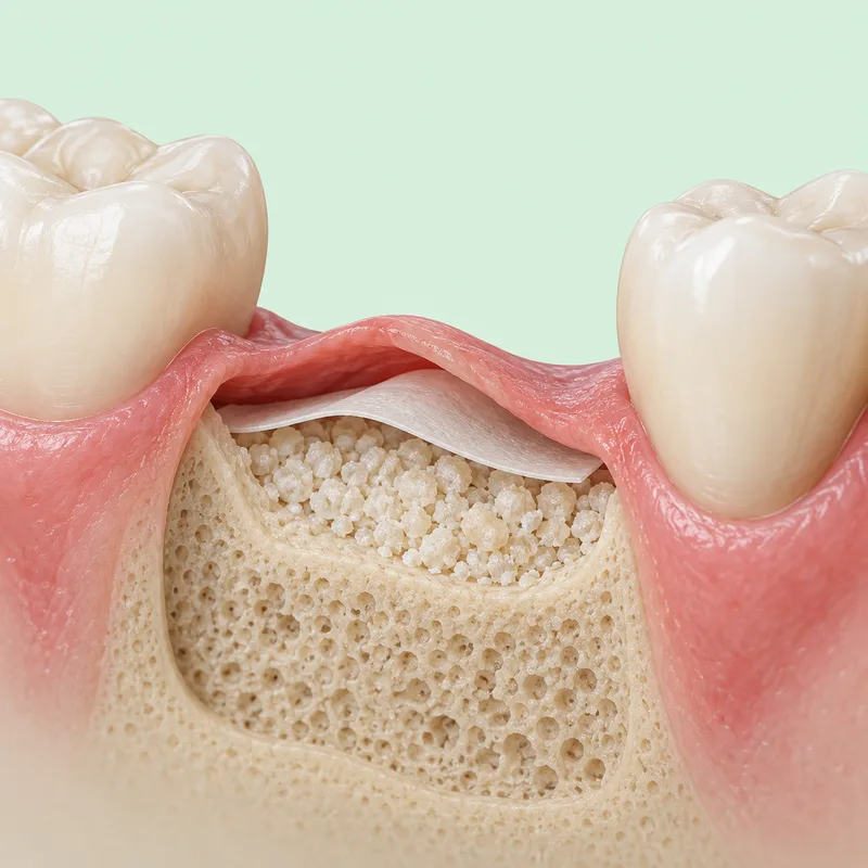 Educational cutaway of particulate bone graft granules within a localized jaw ridge defect