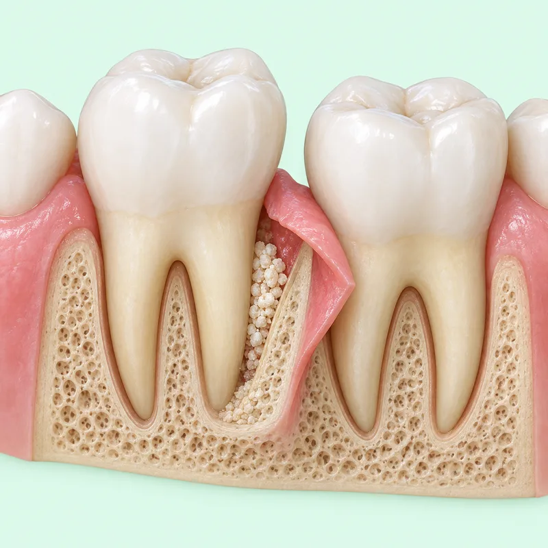 Educational cutaway of a localized periodontal graft beside a retained natural tooth root