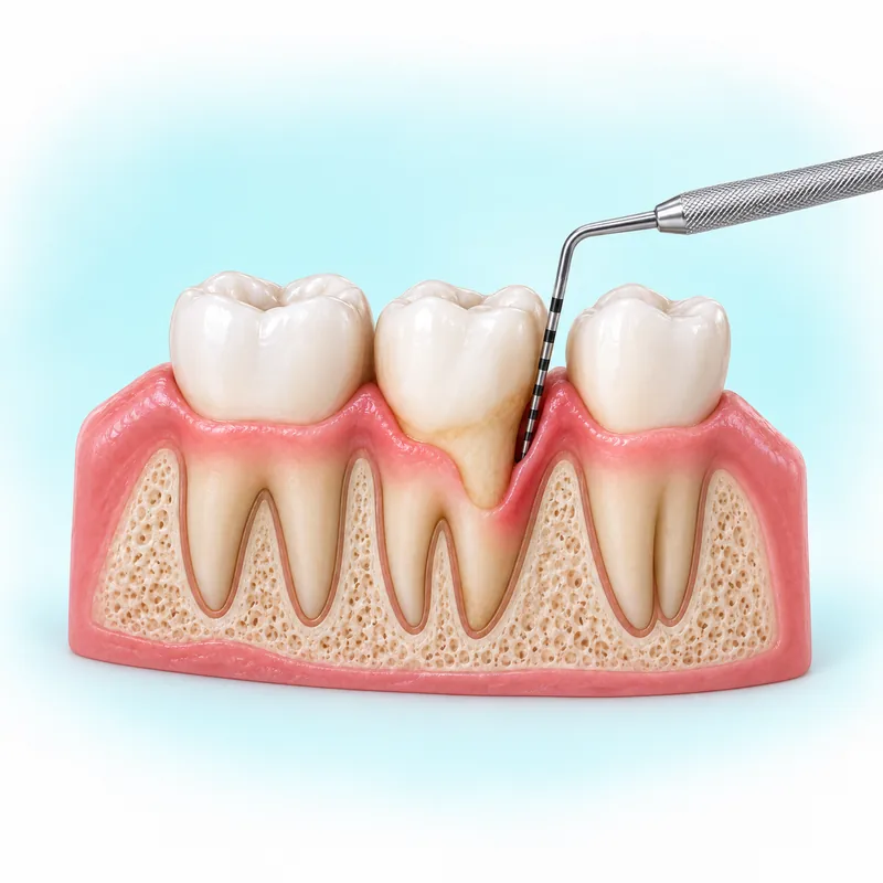 Illustration of a periodontal probe assessing a gum pocket beside a natural tooth
