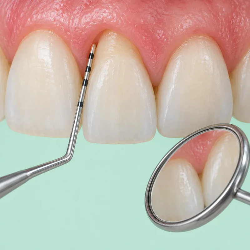 Educational illustration of a periodontal probe and mirror assessing the gum around natural teeth
