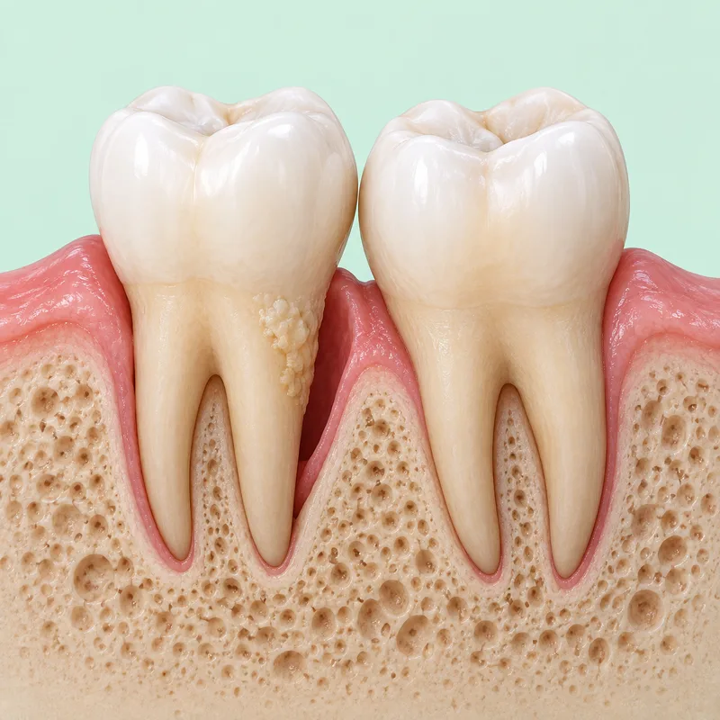 Educational cutaway showing gum pockets and loss of supporting bone around natural teeth
