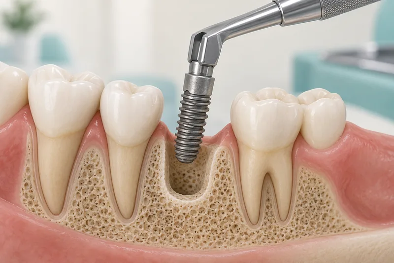 Conceptual illustration of professional removal of an implant fixture beside rooted natural teeth.