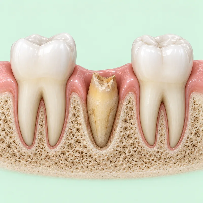 Educational cutaway illustration of a retained natural tooth root between two adjacent teeth