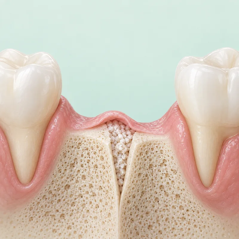 Educational cutaway of a widened toothless jaw ridge with graft granules in the central split