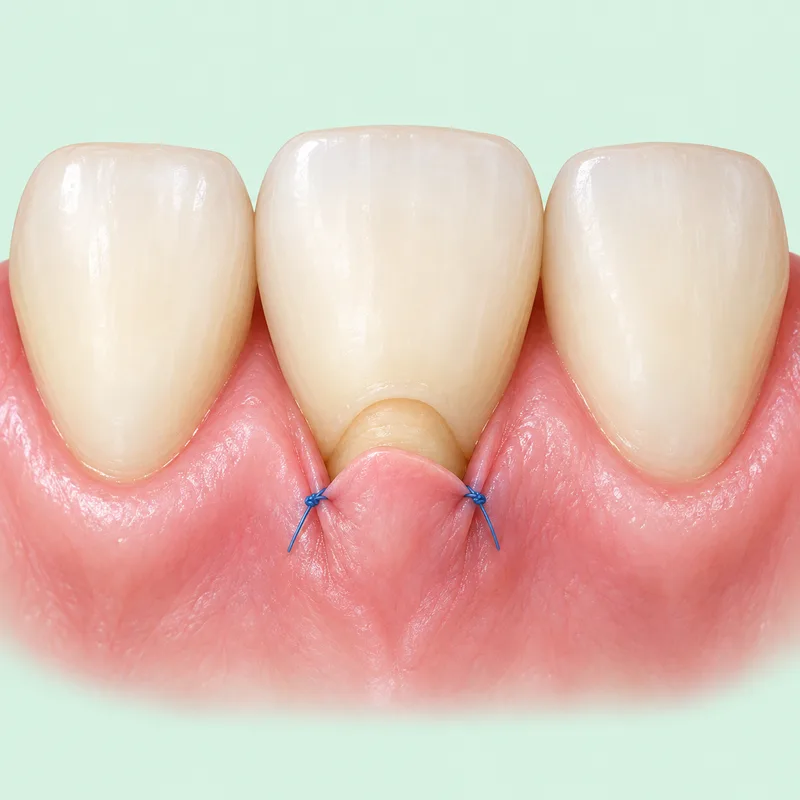 Educational illustration of a gum flap positioned with sutures at an exposed natural-tooth root