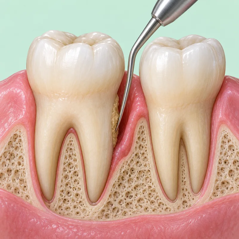 Educational cutaway showing subgingival cleaning along a natural tooth root
