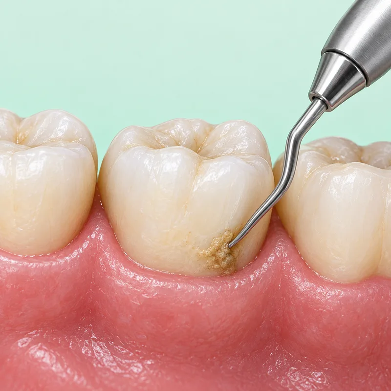 Educational illustration of removing a calculus deposit at a natural tooth gum margin