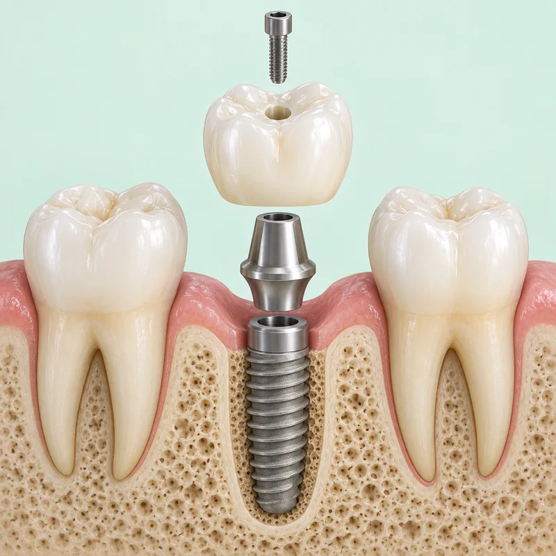 Educational illustration of a crown, connecting abutment and fixing screw aligned above a dental implant
