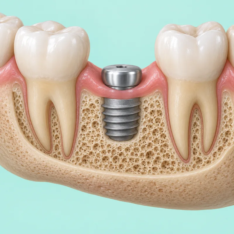 Educational illustration of a short implant in jawbone between natural rooted teeth