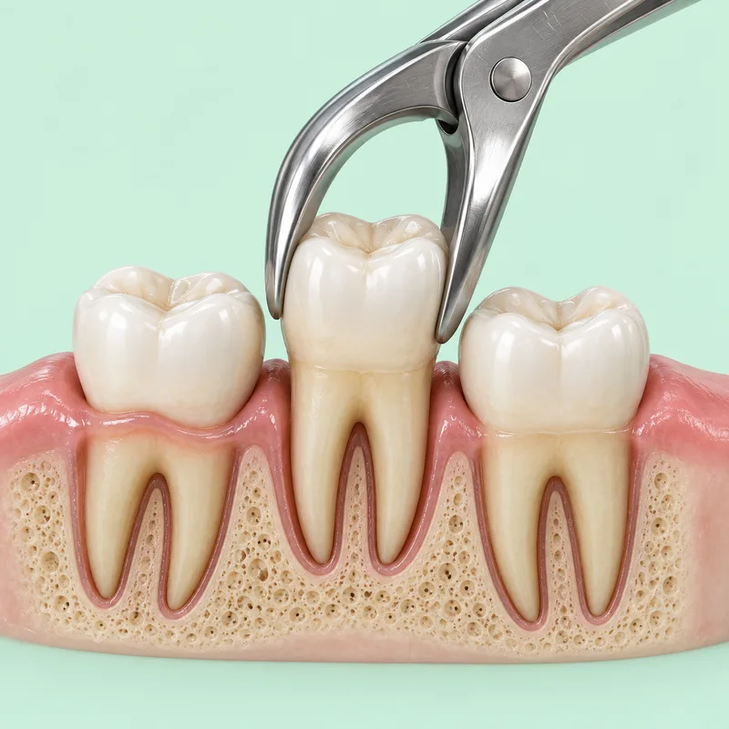 Educational cutaway illustration of forceps holding the crown of a natural tooth for simple extraction