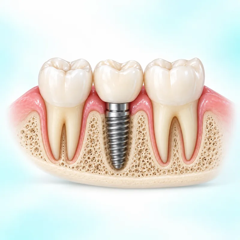 Illustration of one implant-supported crown between rooted natural teeth