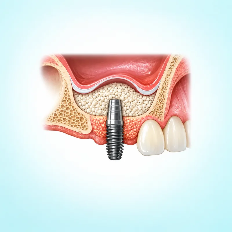 Illustration of graft material beneath an elevated sinus membrane