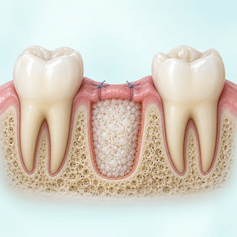 Graft granules within a tooth extraction socket, with sutures at the gum opening