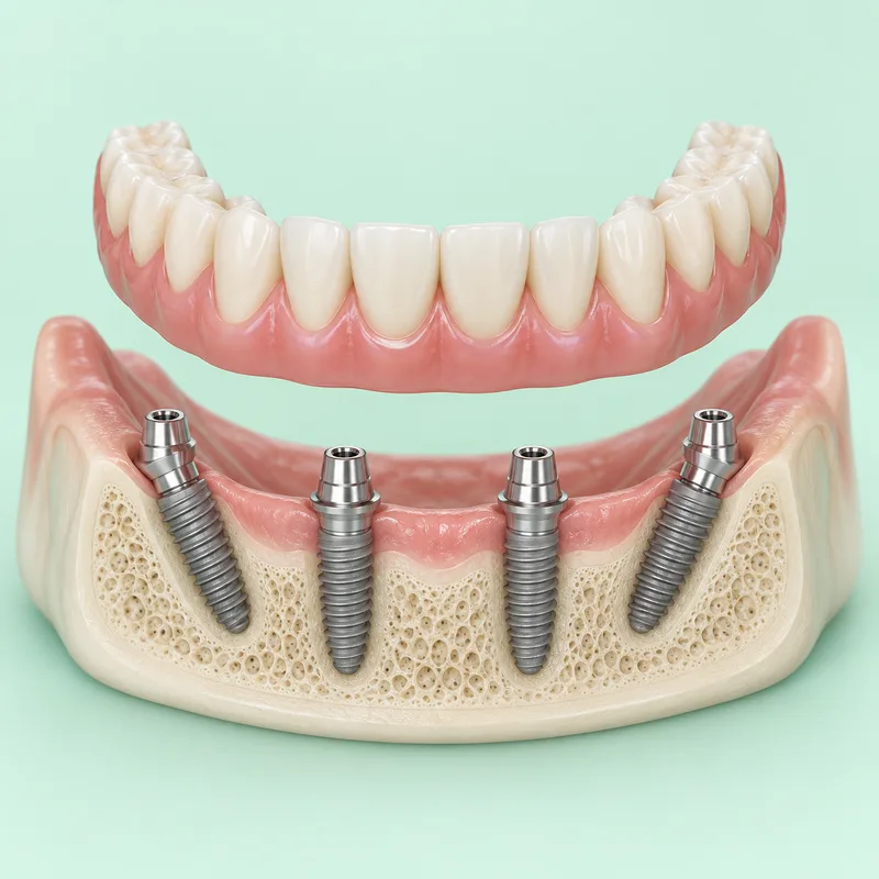 Educational illustration of a complete fixed dental arch above upright front and tilted rear implant supports