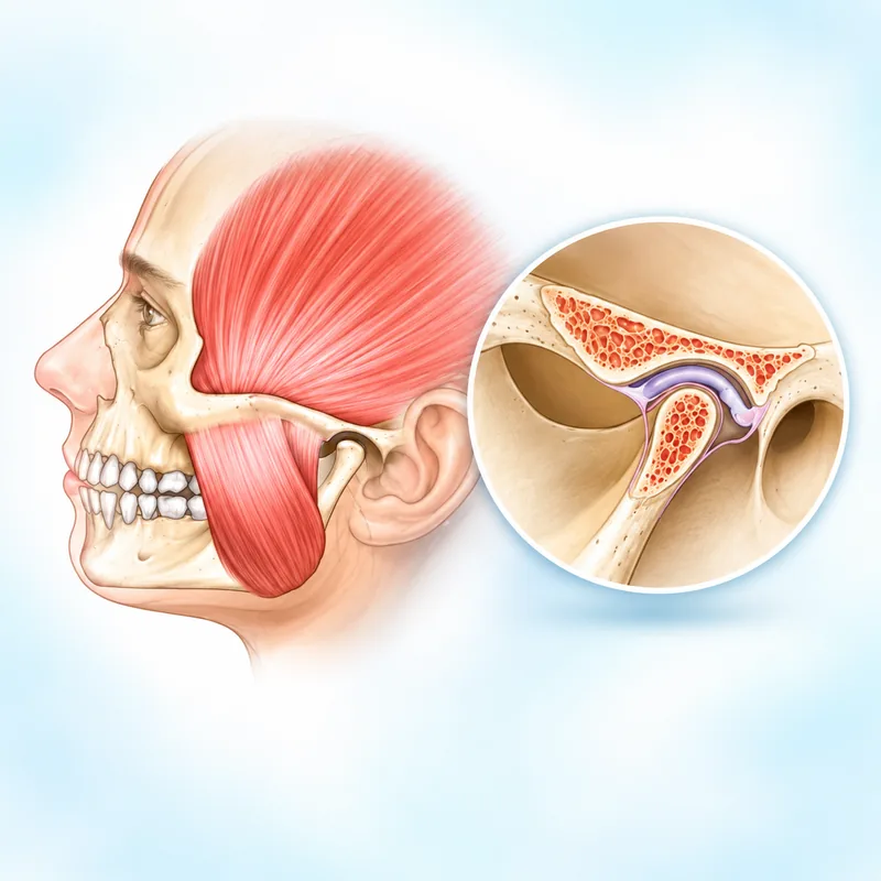 Illustration of the jaw joint and its disc, condyle and adjacent anatomy
