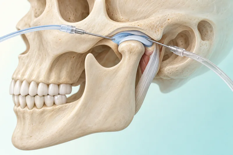 Simplified anatomical illustration of jaw-joint washout with two cannulas