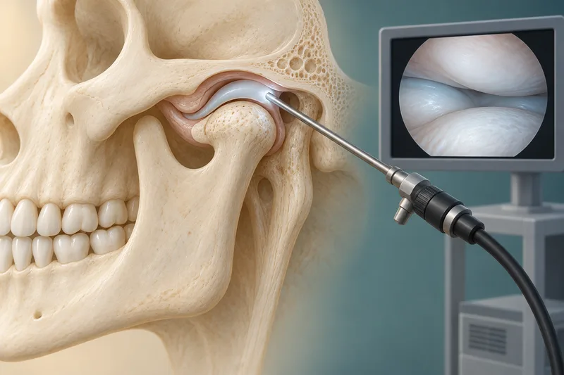 Conceptual jaw-joint arthroscopy illustration with a slender camera and monitor