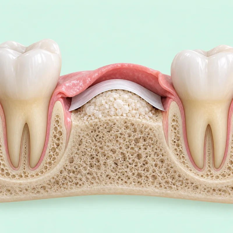 Educational illustration of bone graft material above a deficient jaw ridge beneath a membrane