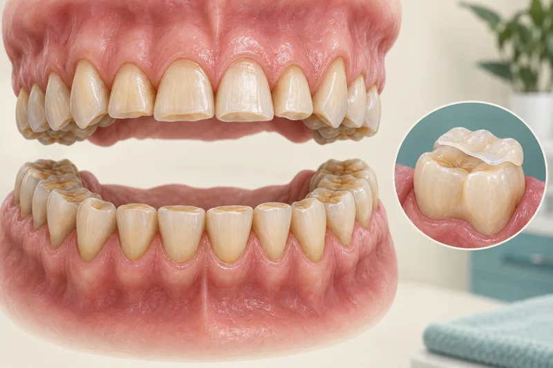 Conceptual illustration of worn natural teeth with a tooth-coloured partial-restoration option shown separately.