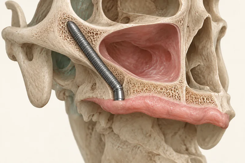 Conceptual illustration of a long implant anchored in the cheekbone above a toothless upper-jaw ridge.