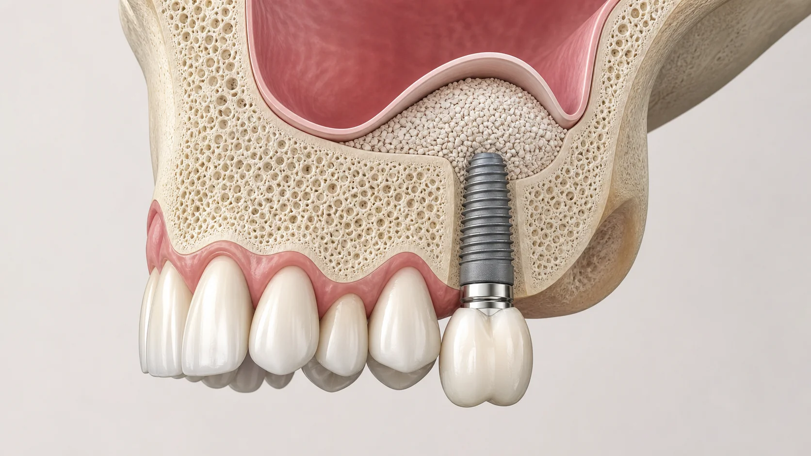 Cross-sectional illustration of an upper-jaw dental implant with bone graft material beneath the maxillary sinus