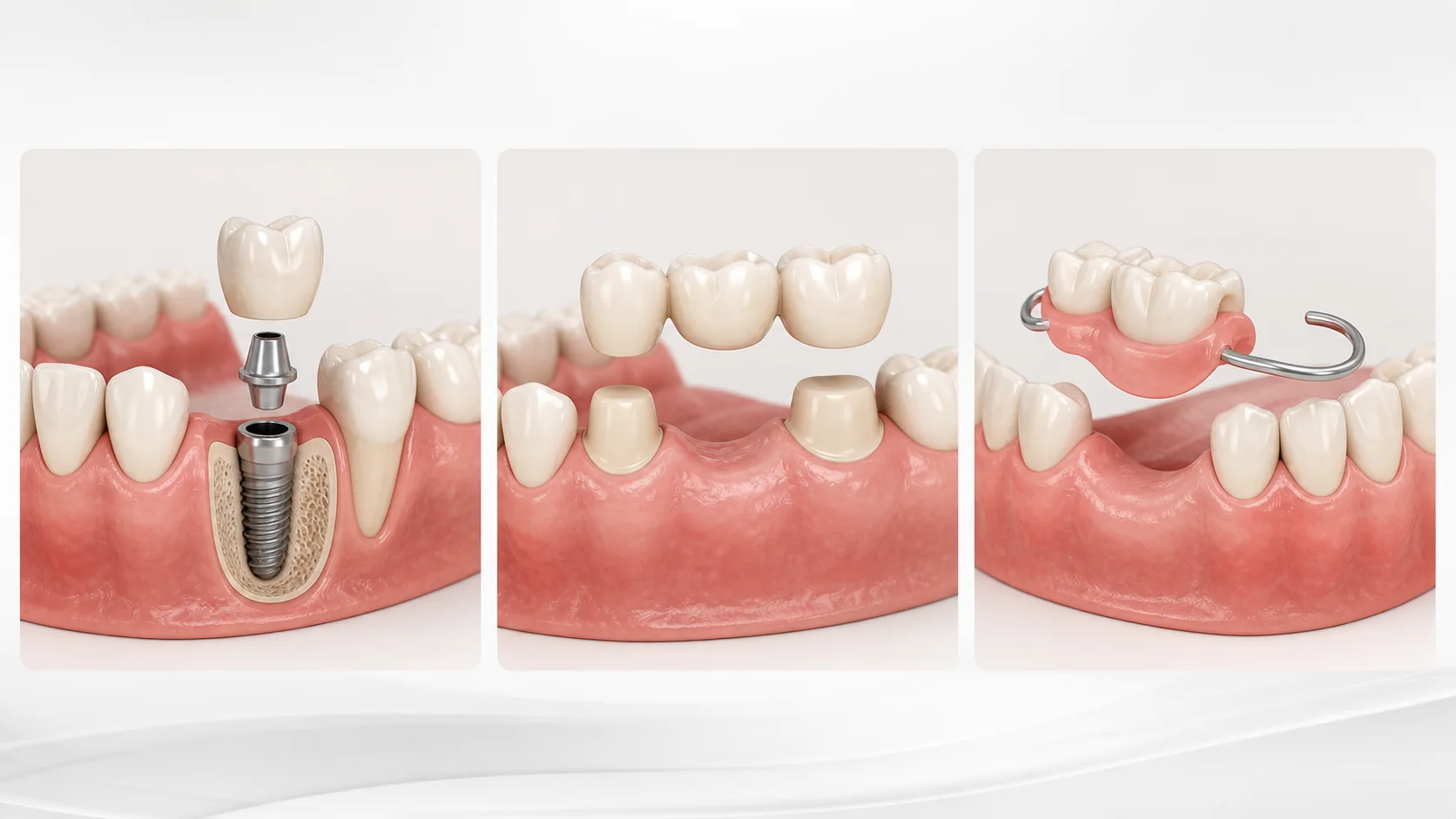 Illustration comparing a single dental implant, a three-unit bridge and a removable partial denture