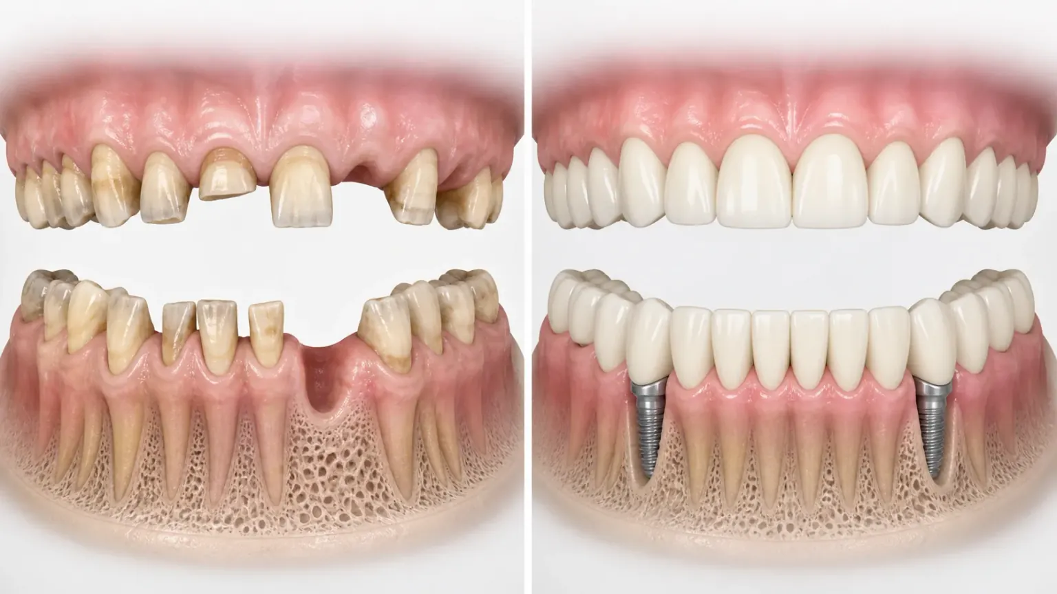 Before-and-after illustration showing worn and missing natural teeth restored with clean crowns, bridges and selected implant-supported units