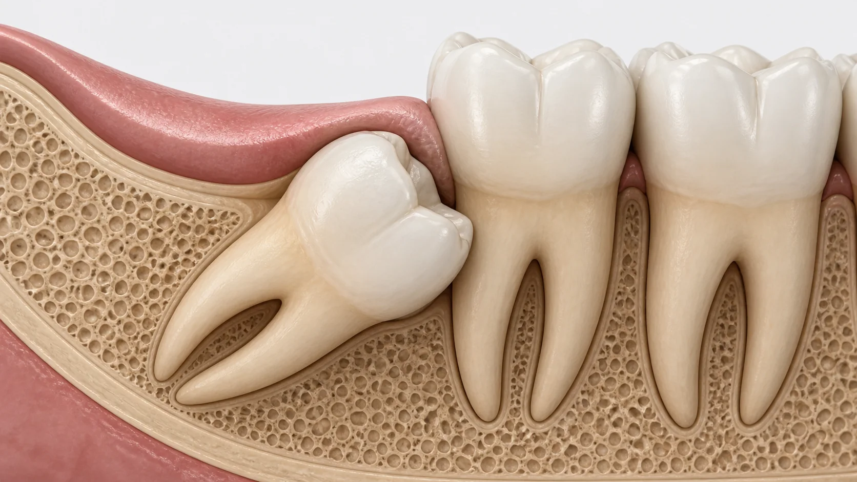 Close cross-sectional illustration focused on an impacted lower wisdom tooth beside the adjacent second molar
