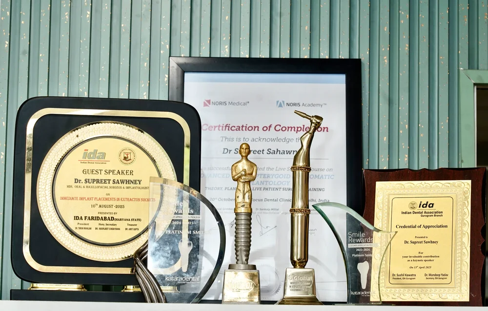Trophies, professional awards and certificates displayed for Dr. Supreet Kaur Sawhney