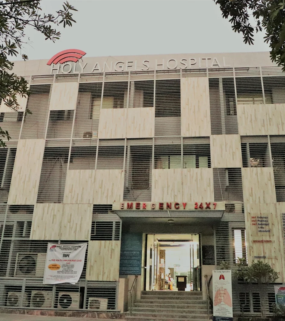 Exterior entrance of Holy Angels Hospital in Vasant Vihar, New Delhi