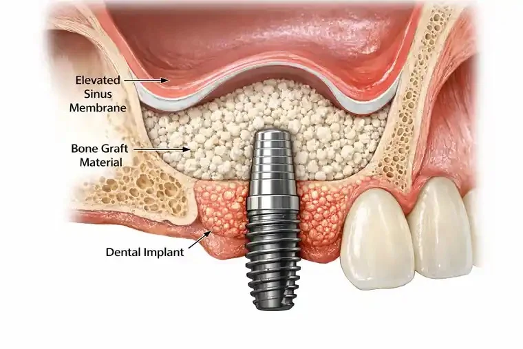 Dental implant and bone graft material shown beneath an elevated sinus membrane in a treatment illustration